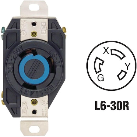 Leviton Locking Receptacle, L6-30R, 30 A, 250V AC, Black 065-02620-000